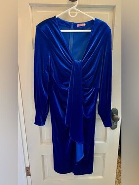 Royal Blue Velvet Long Sleeve Dress with Drape Front